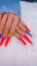 Load and play video in Gallery viewer, Red nails with Blue flake accents|NailzFirst
